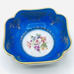Vtg Limoges France Porcelain Dish Blue Gold Floral Trinket Bowl 4.5”